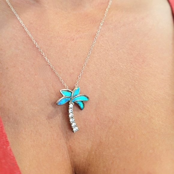Silver Blue Opal Palm Tree Necklase 18" - Picture 1 of 5